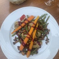 Roasted veggies: green beans, carrots, pepper, potatoes, garlic and rosemary.   at Weingasthaus Breuer's Rüdesheimer Schloss in Ruedesheim Am Rhein