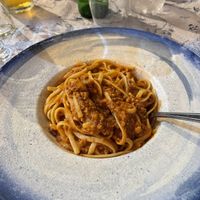 Spaghetti with soya mince  at Mama Meze in Santorini