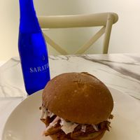 BBQ “chick’n” sandwich…tiny… and fancy-shmancy water  at Garden Carver in Brooklyn