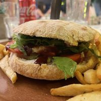 Vegan Burger with Vegetable Patty (so good!)  at Sunset Fish Tavern-Pizzeria - Ψαροταβέρνα-Πιτσαρία Ηλιοβασίλεμα in Bouka