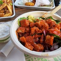 cluckcobb on kale with buffalo chikn and blue cheese. good.  at Next Level Veggie Grill in Denver