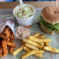 Smash patty, fries and coleslaw   at Next Level Veggie Grill in Denver