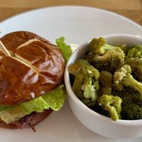 Ghost Pepper Popper Burger with side of grilled broccoli   at Next Level Veggie Grill in Denver