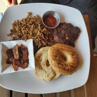 Bagel, home made pepper sauce, carrot bacon and beet patty at Klippers Marketplace and Cafe in Cawston