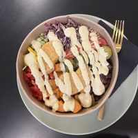 Fresh protein bowl with mustard sauce  at Green Republic in Ljubljana