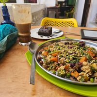 Tofu scramble, ice coffee chocolate and coconut shake and brownie at Honey and Spice in Pushkar