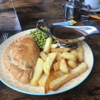 Veg. Pastry with Gravy and Chips  at Wrights Coffee Co in Maryport