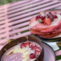 In the pink, pink protein pancakes and pink protein smoothie bowl  at The Happy Shroom in Gloucester