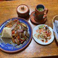 Coca tea, salad, and look saltado  at El Encuentro - Tigre in Cusco