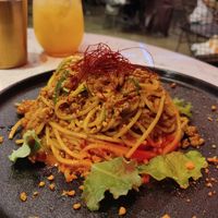 Sichuan spicy spaghetti with peanuts and vegan pork at Vegan Amore 蔬慕 in Taipei