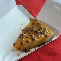 The passion fruit cheesecake, tasty but different than we have in the US.  at Caneca Café in Sao Paulo