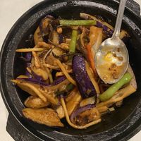 Spicy eggplant in a clay pott  at Nature Vegetarian Restaurant in Oakland