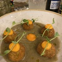 B-road bean and chickpea balls in a creamy aubergine sauce.   at I Morgante Bottegabistro in Agrigento