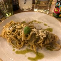 Linguine with creamy aubergine sauce and flakes almonds    at I Morgante Bottegabistro in Agrigento
