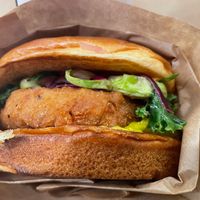 Crispy Chick’n with hunny mustard and pickles, topped with Kale Crunch slaw at Hart House - Sepulveda in Los Angeles