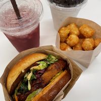 Crispy chicken deluxe with tots, Oreo shake, lite kola nut soda mixed with berry juice  at Hart House - Sepulveda in Los Angeles