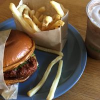 Deluxe hot n’ crispy chick’n, fries, small chocolate shake  at Hart House - Sepulveda in Los Angeles