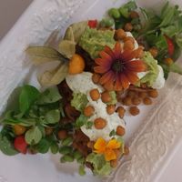 Roast chick peas on sweet potato boats at Pink Lettuce in Chester