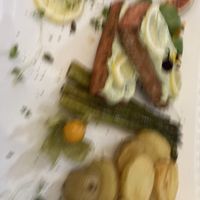 Very blurry salmon with potatoes  at Pink Lettuce in Chester