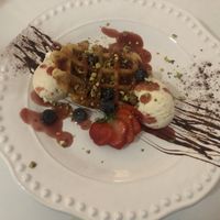 Half portion of topped Belgian waffles  at Pink Lettuce in Chester