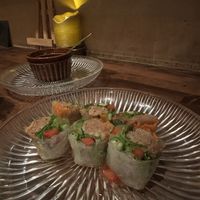 Veggie/soymeat rice paper rolls with vegan mayonnaise   at Cafe Banmari in Mishima