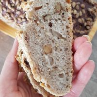 Samples of a walnut bread at unendlich.BROT in Munich