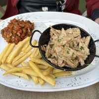 Soy protein with vegetables and fries  at D3 Restaurante in Gran Canaria