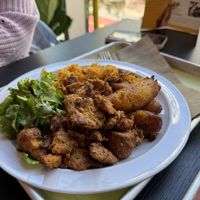 Sampler platter with vegan chicken  at Casa Borinqueña in San Francisco