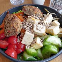 Bowl with tofu and homemade lentil balls at KOOS Bowls & Bar in Munich