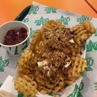 2023 Christmas special: Truffle Fondue Fries – Sharing size (we got the cranberry sauce in a pot on the side as my wife doesn't like cranberry)  at Oowee Vegan in Brighton