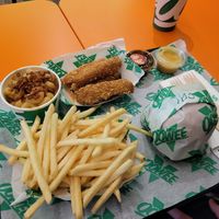Tenders, mac and cheese, fries, chicken burger at Oowee Vegan in Brighton