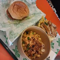 Garlic Kyiv Burger, Loaded Mac n Cheese, chicken fries at Oowee Vegan in Brighton