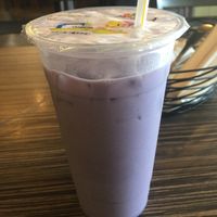 Taro Milk Tea. They have several teas with or without boba. Coconut milk or non dairy creamer is used.  at Ragin Pot in Port Hueneme