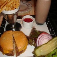 Wynn double down burger with fries and chocolate shake at Wynn Encore Hotel - Society Cafe in Las Vegas