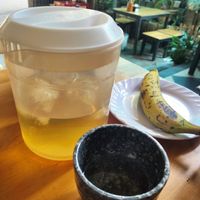 Free tea and banana at Quan Chay Buffet Lac Tam Vegan in Hue