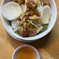 Rice noodles with fried spring rolls  at Quan Chay Buffet Lac Tam Vegan in Hue