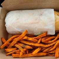 Bistro Steak Sandwich with sweet potato fries at Native Foods in Boulder