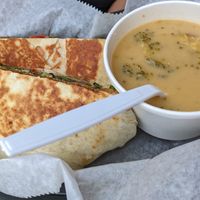 Munchwrap supreme and cheesy broccoli soup at Native Foods in Boulder