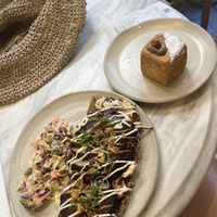 Mushroom open sandwich (vegan); praline cube (vegetarian?)  at Holy Llama - Sintagma in Athens