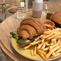 Steak croissant and fries   at Holy Llama - Sintagma in Athens
