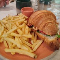 Savoury brunch: croissant with bbq tempeh and veggies, french fries, and spicy mayo at Holy Llama - Sintagma in Athens
