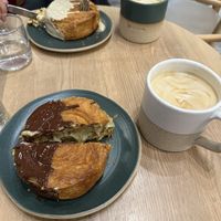 Chocolate with pistachio crème filled pastry, and caramel crème filled pastry, both excellent.   at Holy Llama - Sintagma in Athens