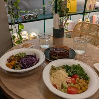 Lunchtime tofu and chickpea salad bowls with the pistachio wheel of dreams! at Holy Llama - Sintagma in Athens