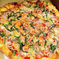 NY style pizza w/ vegan cheese & toppings ✨great crust!  at Tomato Pie Pizza Joint in Woodland Hills