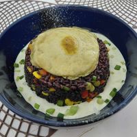 Fried rice with fried vegan egg at Vegan House in Ulaanbaatar