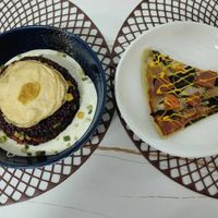 Fried rice with fried vegan egg; Pizza at Vegan House in Ulaanbaatar