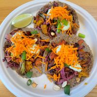 Pad Thai Buckwheat Tacos

three housemade wheat-free buckwheat/oat tortillas at The Uprooted Kitchen in Gilbert