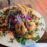 Nachos with portobello as protein choice at The Vegan Vato in Victorville