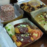 Tofukatsu front, fried veg dumplings at the back, noodle palabok on right at Vegan Cebu CIty - Wholefoods Plant-Based Cafe in Cebu