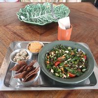 Lentil salads, sweet potato dip, vegan cheese, beetroot crackers at PENTAGON in Lisbon